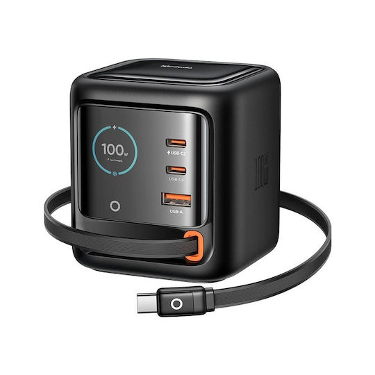 Mcdodo Mcdodo Handyladegerät mit Eingebautem Kabel GaN mit USB-A Ausgangsanschluss und 2 USB-C Ausgangsanschlüsse USB-C 100W Stromlieferung Schwarz