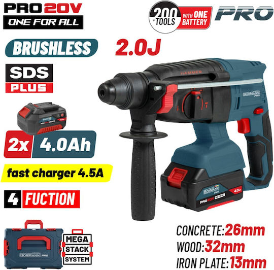 Bormann Pro N/A Cordless Brushless Rotary Hammer 20V 2x4Ah with SDS Plus Socket
