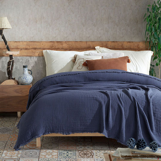 Şaheser Cuvertură Pat Dublu Bumbac Albastru Navy 220x240cm
