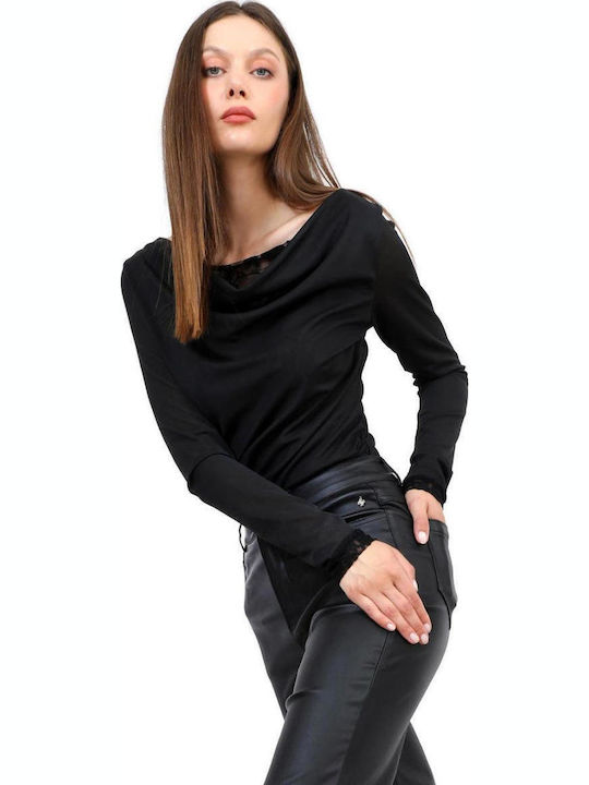Damen Bluse mit Ausschnitt Lächeln Schwarz