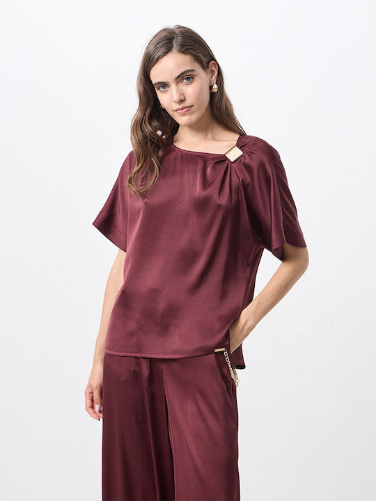 Damen Crop Top Satin Kurzärmelig Burgundisch
