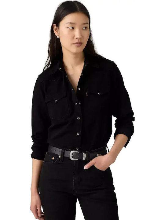 Western Langärmeliges Damen Denim Hemd Schwarz