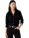 Western Langärmeliges Damen Denim Hemd Schwarz