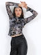 Damen Bluse Samt Blumen Grau