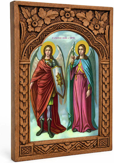 Archangels Michael & Gabriel Wooden Carved Myrofyllo Frame 16cm