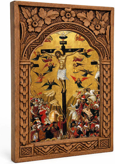 Heiligenikone Kreuzigung Christi Holzrahmen Myrrenblatt 16cm