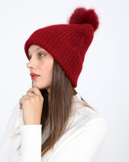Pom Pom Beanie Unisex Strickmütze in Roter Farbe