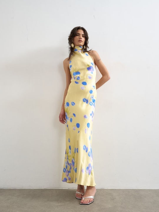 Summer Midi Slip Dress Satin Yellow