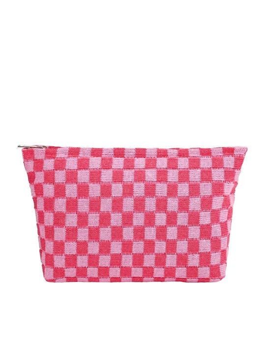 Toiletry Bag Cosmetic Case Knitted Lining Zipper Checked Pink Fuchsia