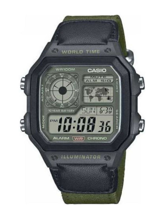 Casio Дигитален Мъжки Часовник Хронограф На Батерия с Зелен Текстилен Каишка