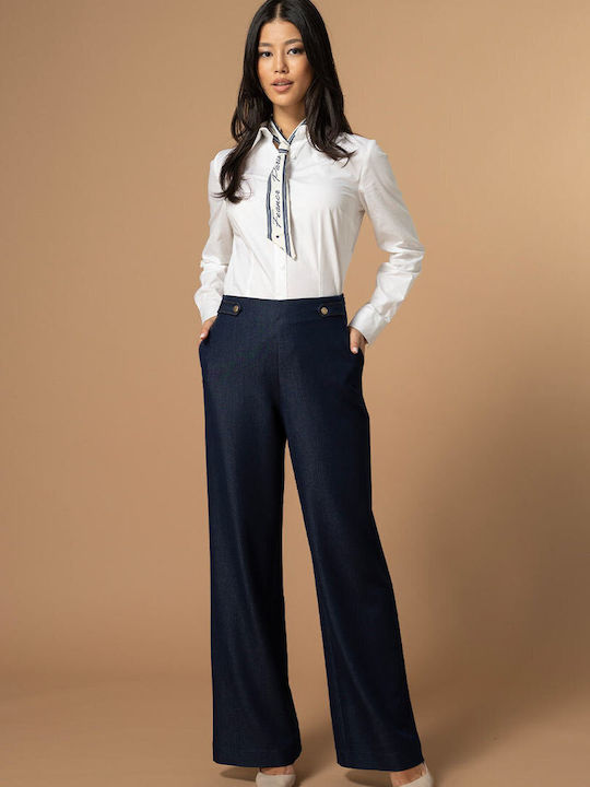 Lidya Women's High Rise Fabric Trousers in Wide Leg Style Navy Blue