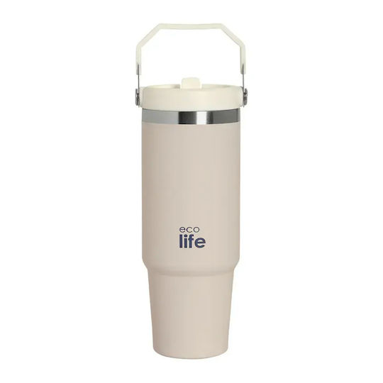Ecolife Recyclable Thermos Bottle Stainless Steel / Aluminum BPA Free 900ml Light Rose with Handle and Straw