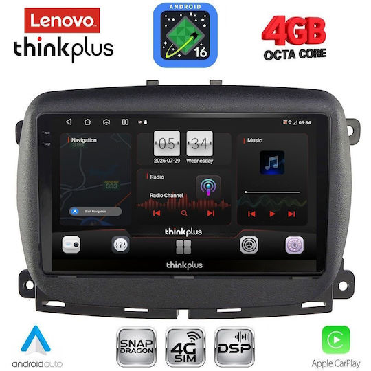 Lenovo Автомобилна Аудио Система За Fiat 500 2016-2025 (Bluetooth/USB/Вграден Wi-Fi/GPS/Apple CarPlay/Android Auto) С Touch Screen 9"