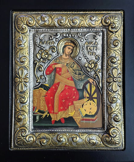 Heilige Katharina Silberne Heiligenikone Holz Lokal Vergoldet Mount Athos