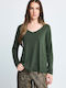 Damen Bluse Langärmelig mit V-Ausschnitt Khaki