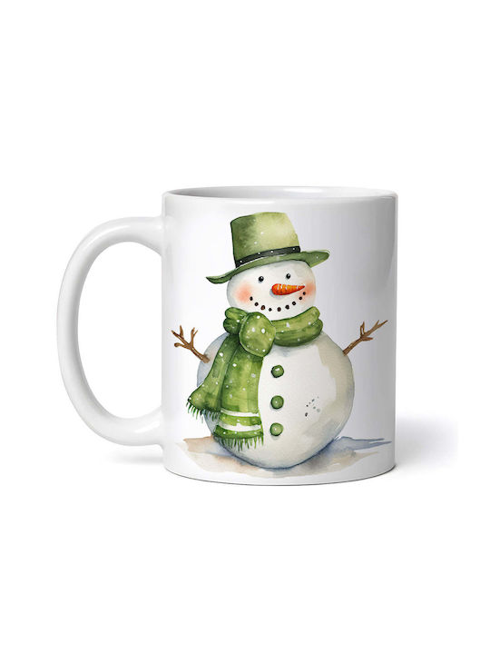 Cană Ceramică De Crăciun Oameni De Zăpadă Cu Pălărie Verde Și Fular 330ml (Cu Personalizare)