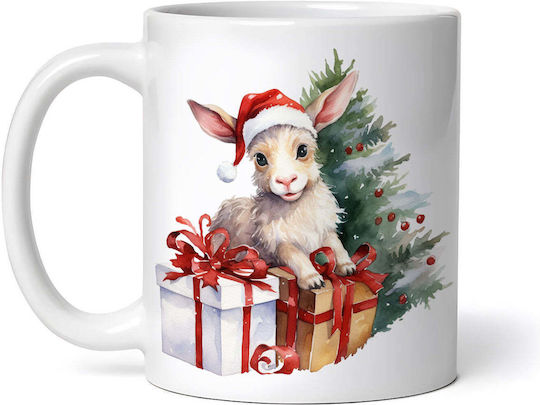 Sheep With Christmas Gifts Weihnachtlicher Becher Keramik Weiß 330ml mit Personalisierung