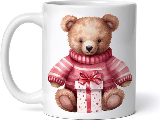 Bear With Christmas Gift Χριστουγεννιάτικη Κούπα Κεραμική Λευκή 330ml (με Προσωποποίηση)