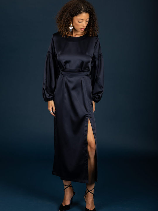 Summer Midi Evening Satin Blue Dress