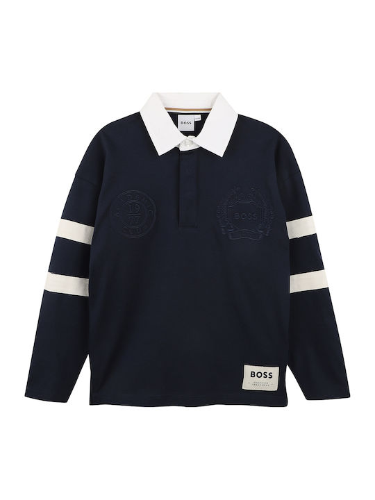 Kids Long-sleeved Polo Navy Blue With White Collar