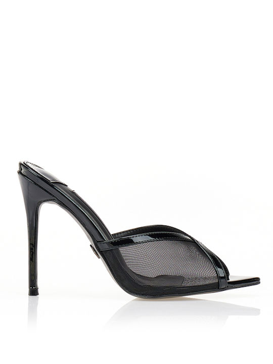 Damen Pantoletten aus Lackleder mit Hoch Absatz in Schwarz Farbe