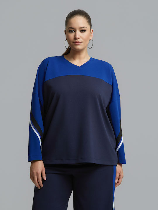 Bluza Damă Mânecă Lungă cu Decolteu în V Model Cu Dungi Albastru