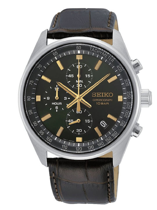 Seiko Мъжки Часовник Хронограф На Батерия с Кафява Кожена Каишка