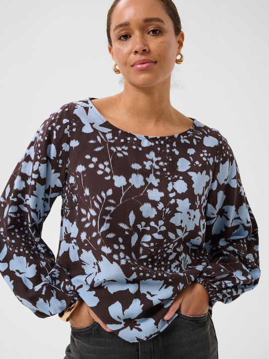 Women's Blouse Long Sleeve Floral Brown-Blue