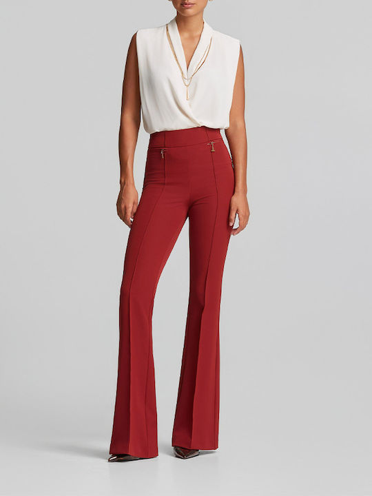 Women's High Rise Fabric Flared Trousers in Regular Fit Red