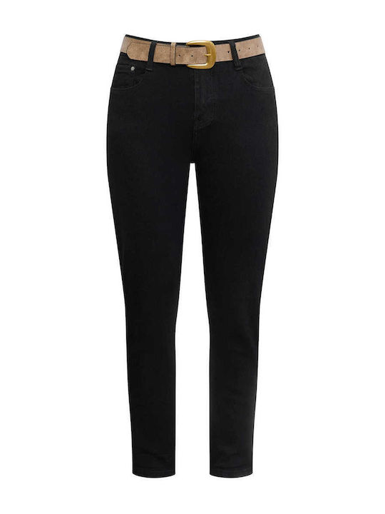 Celestino Γυναικείο Τζιν Μονόχρωμο Ζώνη Slim Fit Μαύρο