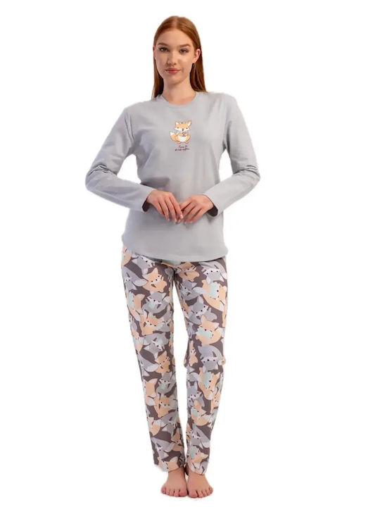 Vienetta Secret Winters Damen Schlafanzug Set Baumwollene Grau