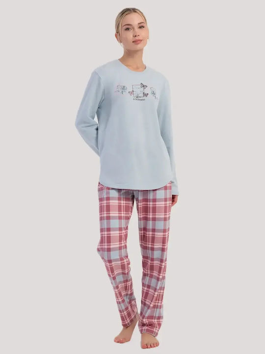 Vienetta Secret Winter Women's Cotton Light Blue Pyjama Set