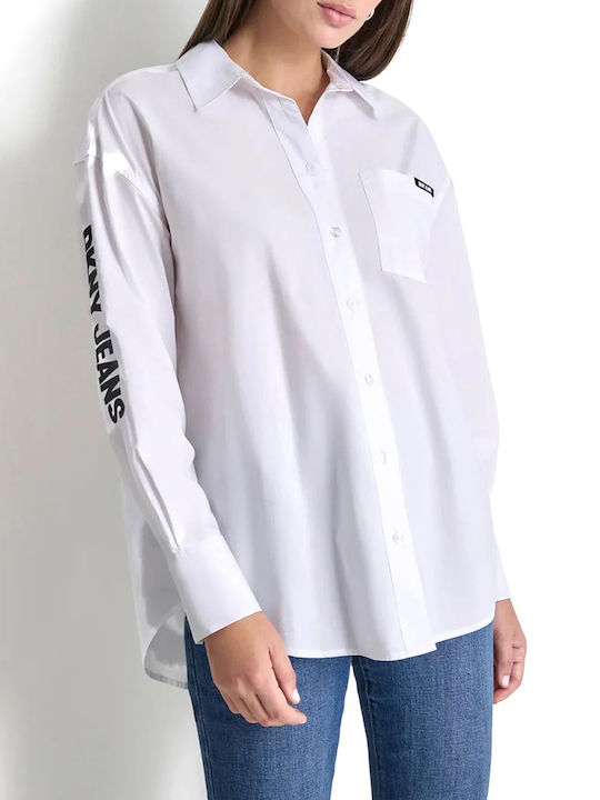 DKNY Langärmeliges Damen Baumwoll-Poukamisso Weiß