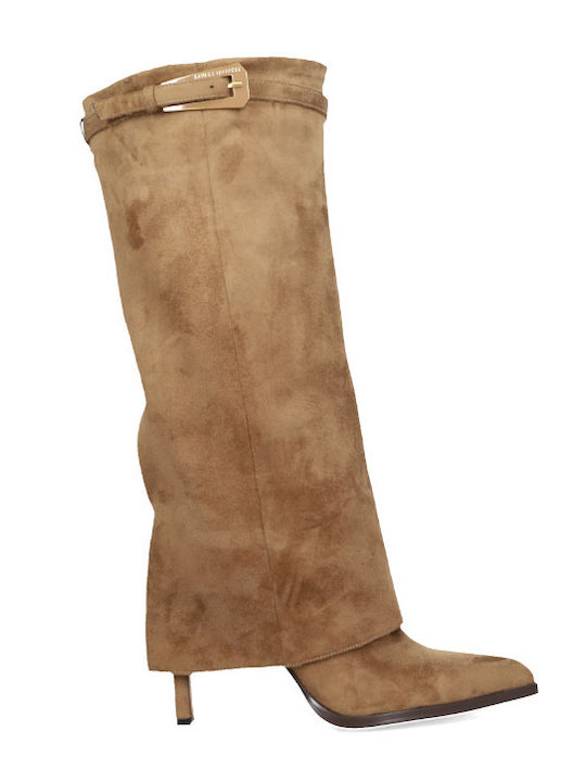 Suede Women's Boots with Mid Heel Beige