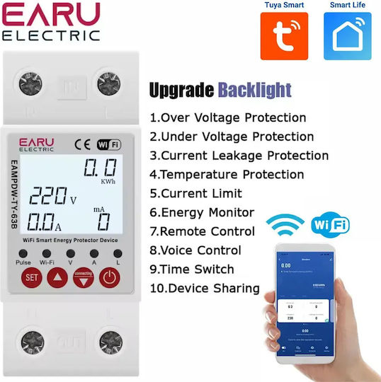 Earu Kilowatt-Zähler Elektrische Messgeräte Schiene Einphasig Wi-Fi Tuya