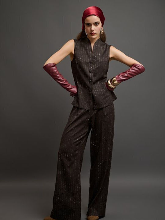 Damen Hochbund Pantaloons mit Gummiband Passform Gestreift Braune