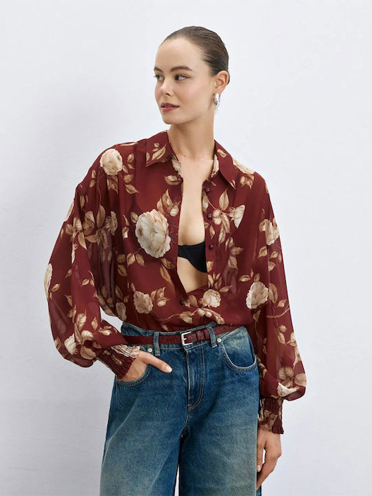 Cămașă De Damă Cu Mânecă Lungă Rust Floral
