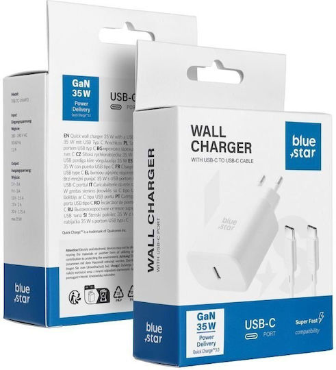 Blue Star Mobile Phone Charger with USB-C Port and USB-C - USB-C Cable 35W Power Delivery Quick Charge 4.0 White (TFB-TC-25WPd)