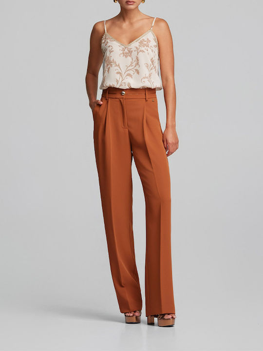Women's High Rise Crepe Trousers in Loose Fit Ginger