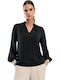 Women's Satin Long Sleeve Blouse with V-Neck Black