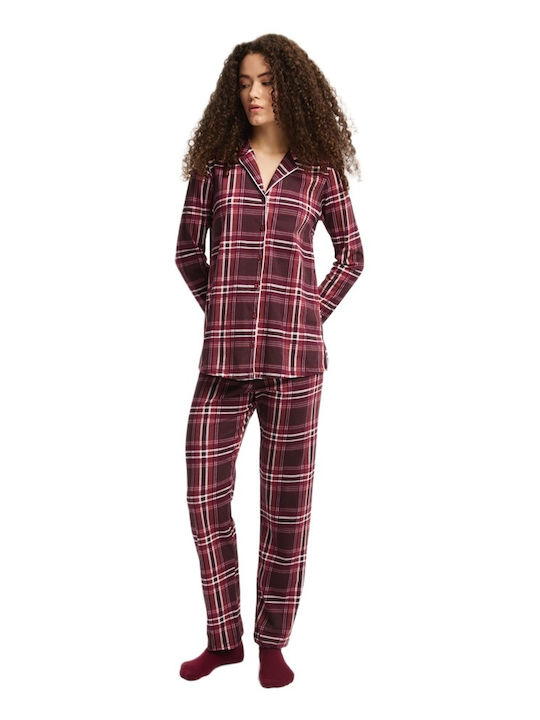 Minerva Minerva Damen Schlafanzug & Pyjamas Winter Burgundisch Set