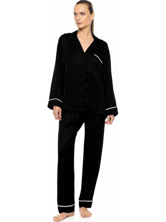 Pink Label Winter Damen Schlafanzug & Pyjamas Satin Schwarz