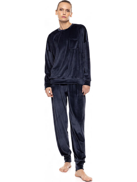 Pink Label Зимен Дамски Комплект Пижами Велур Yacht Blue