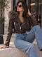 Women's Biker Jacket with Fur Lining Brown