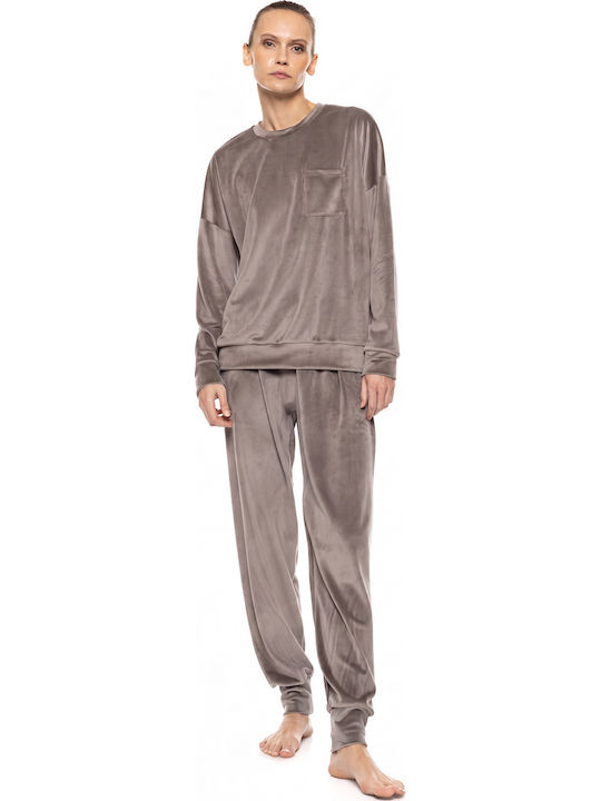 Pink Label Зимен Дамски Комплект Пижама Кафяв