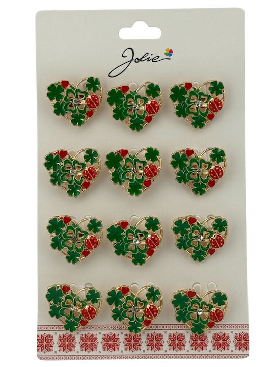 Set 12 Pinuri Martisor De Primăvară Model Inimă Jolie Decorate Cu Trifoi Buburuză Verde