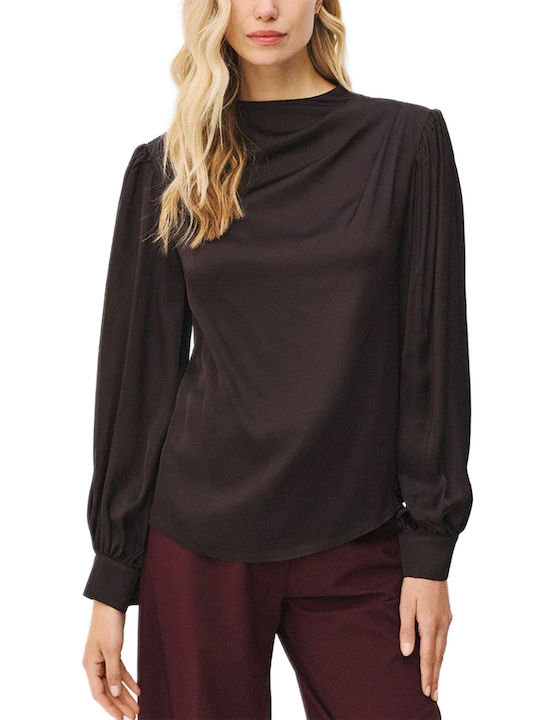 Damen Bluse Satin Langärmelig mit Ausschnitt mit Reißverschluss Braune