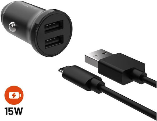 Fixed Auto Ladegerät 15W mit Anschlüssen: 2xUSB-A zusammen mit Kabel Mikro-USB Schwarz Farbe