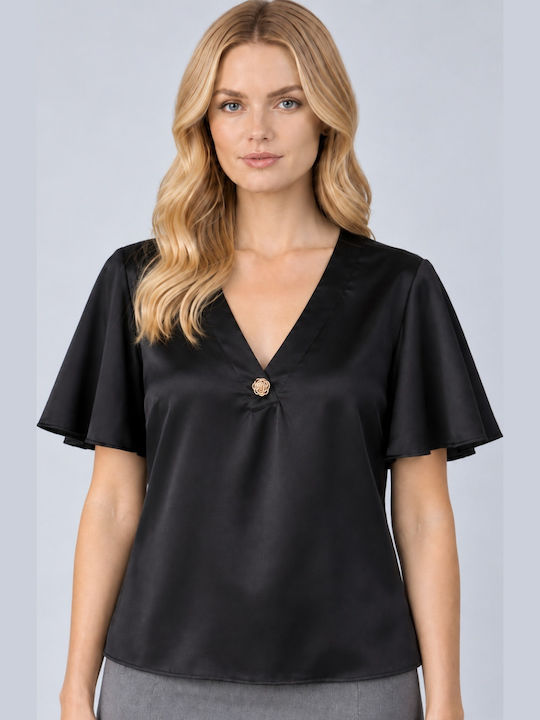 Bluza Damă Crop Top Satin Cu Decolteu În V Neagră