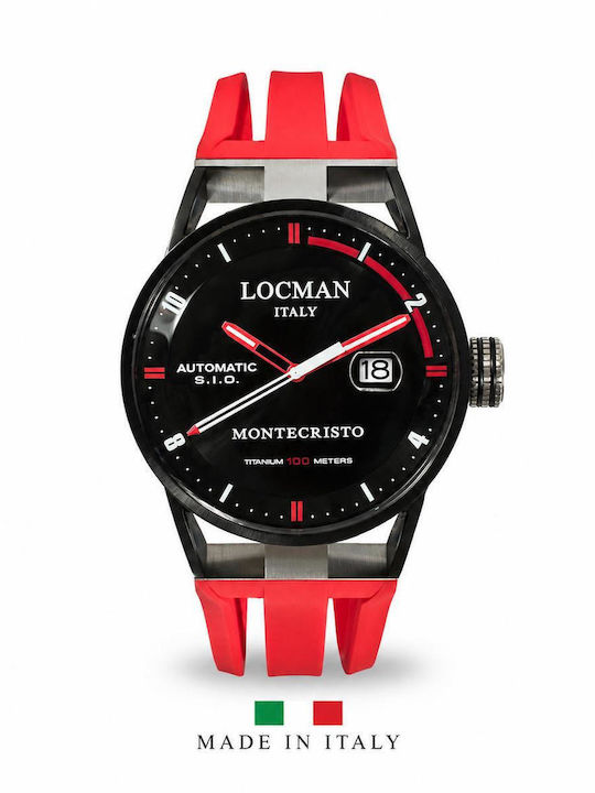 Locman Italy Montecristo Pvd Black 44mm Movement S.I.O 1 Three Hands Automatic Dial Sunray Black Strap Red Silicone